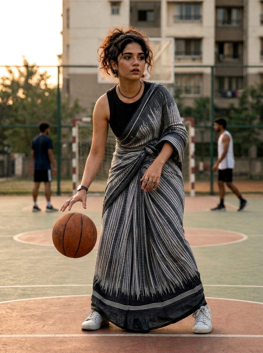 Saytha Charcoal Grey Striped Cotton Saree with Tassel Pallu