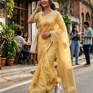 Saytha Elegant Yellow Organza Saree with Floral Embroidery