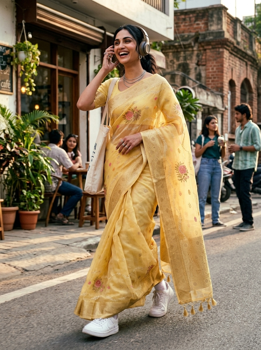 Saytha Elegant Yellow Organza Saree with Floral Embroidery