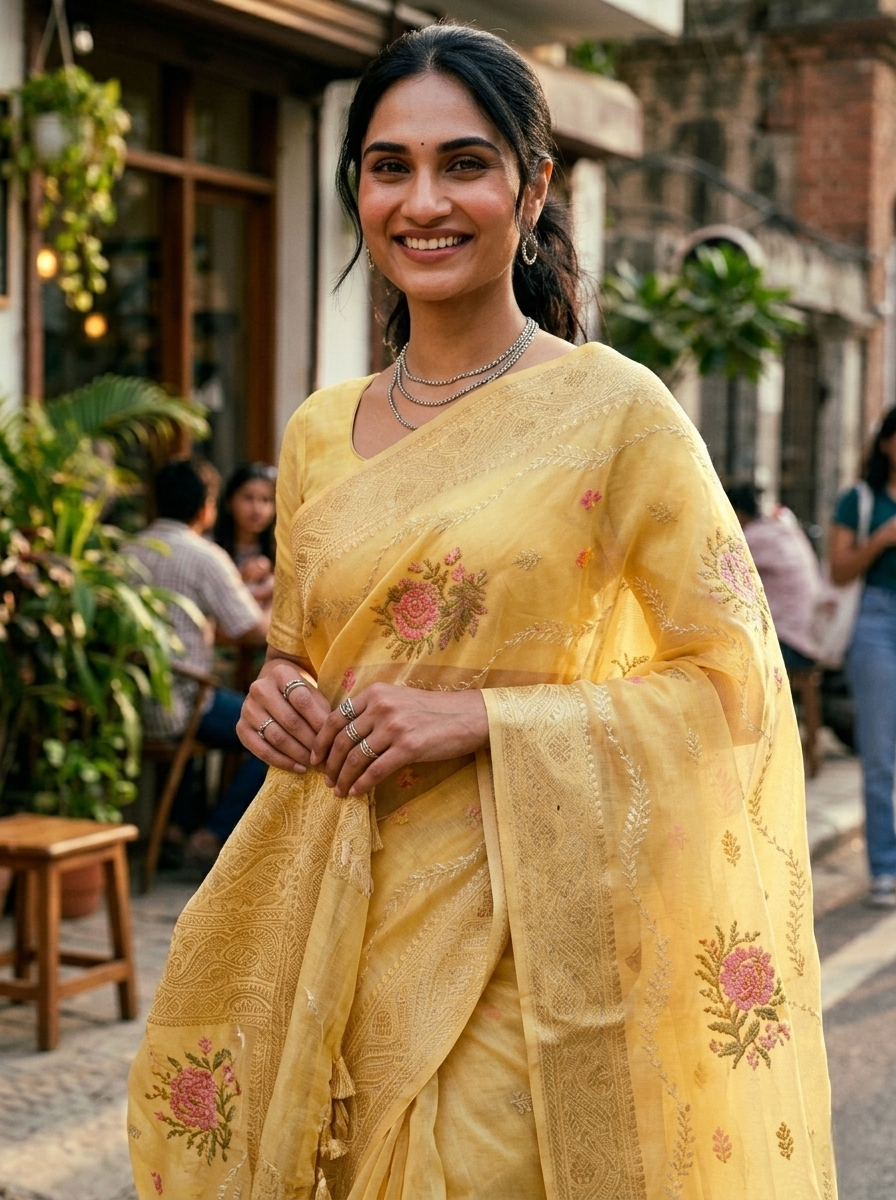 Saytha Elegant Yellow Organza Saree with Floral Embroidery - Image 2