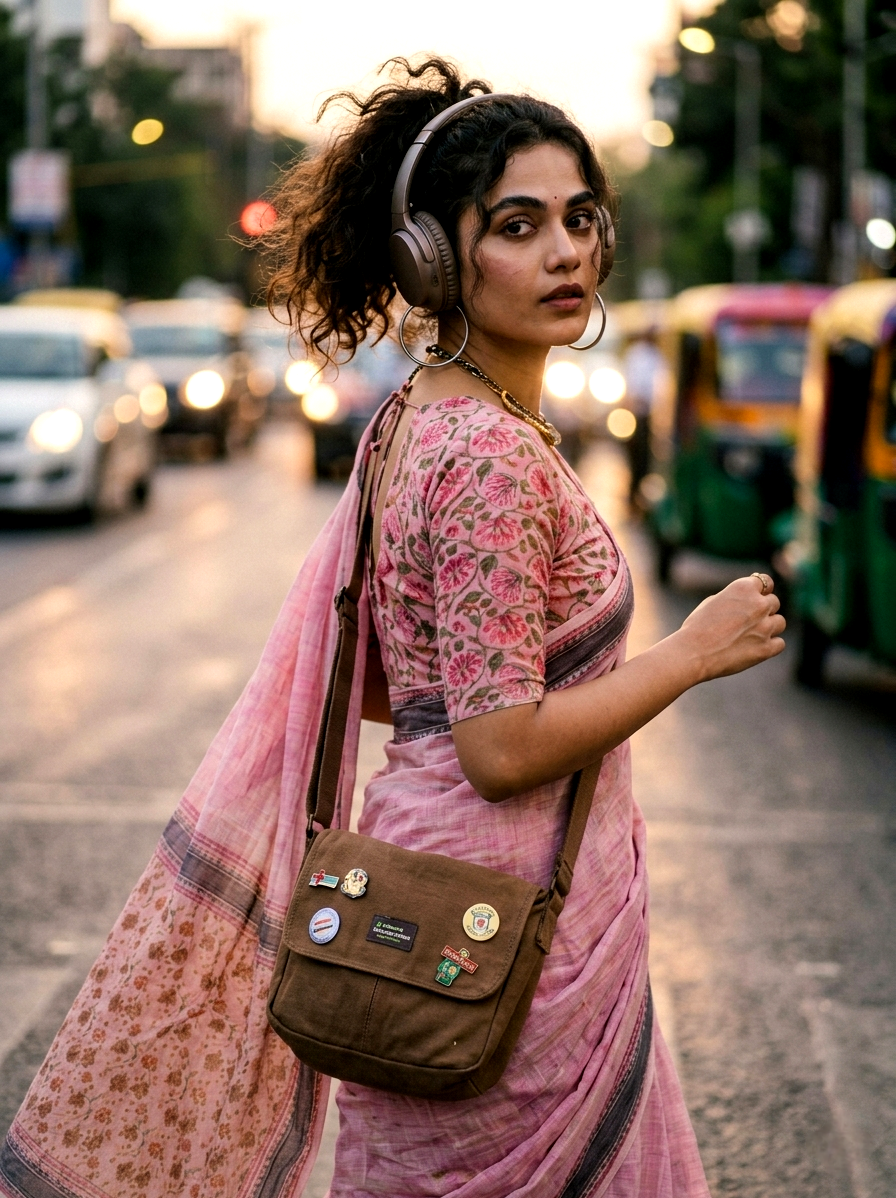 Saytha Hand Block Printed Linen Saree | Dusty Pink Floral Embroidered Traditional Indian Saree for Women - Image 3