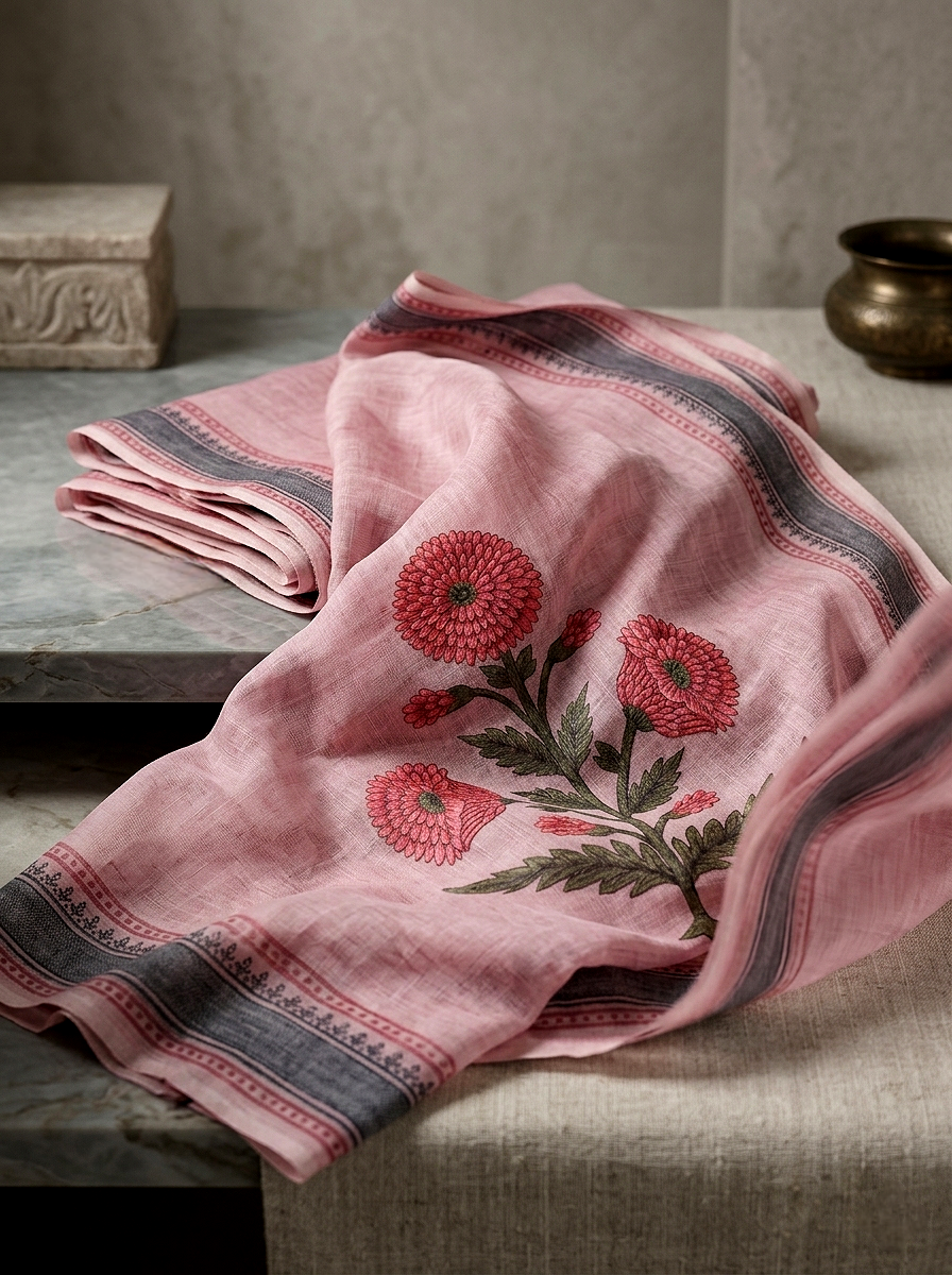 Saytha Hand Block Printed Linen Saree | Dusty Pink Floral Embroidered Traditional Indian Saree for Women - Image 2