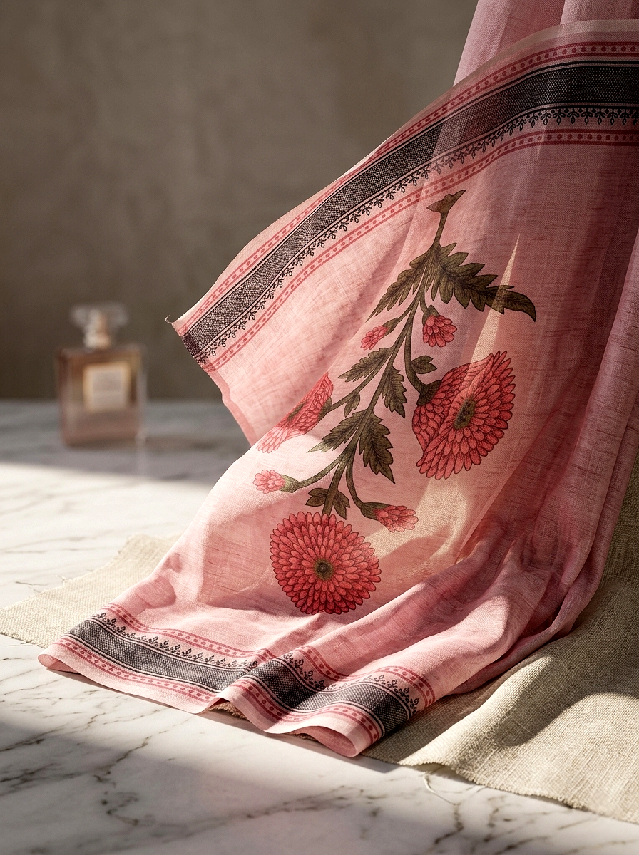 Saytha Hand Block Printed Linen Saree | Dusty Pink Floral Embroidered Traditional Indian Saree for Women - Image 5