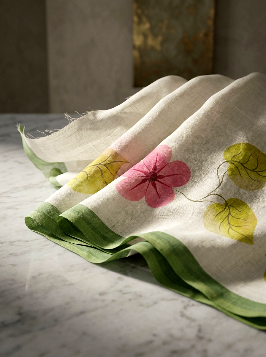 Saytha Soft Pink Lotus Print Linen Saree with Green Border & Tassels - Image 4