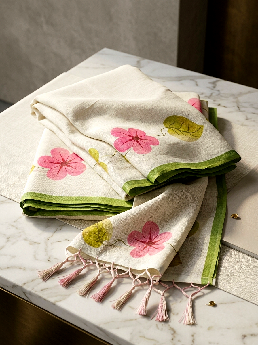 Saytha Soft Pink Lotus Print Linen Saree with Green Border & Tassels - Image 5