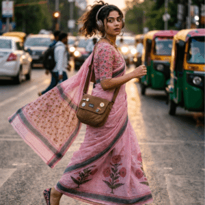 Saytha Pink Linen Saree | Best Block Print Floral & Dark Border