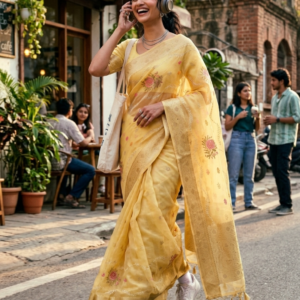 Saytha Yellow Organza Saree | Best Floral Embroidery & Zari