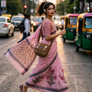 Saytha Hand Block Printed Linen Saree | Dusty Pink Floral Embroidered Traditional Indian Saree for Women
