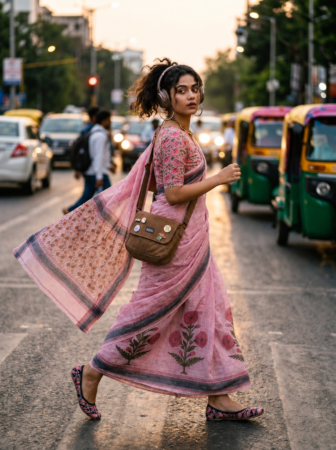 Saytha Hand Block Printed Linen Saree | Dusty Pink Floral Embroidered Traditional Indian Saree for Women