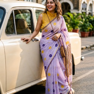 Saytha Lavender Floral Cotton Saree with Yellow Border