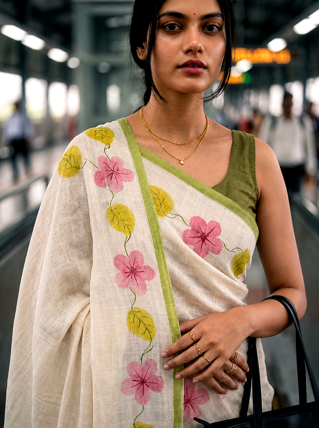 Saytha Soft Pink Lotus Print Linen Saree with Green Border & Tassels - Image 3