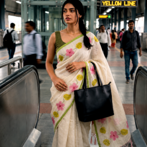 Saytha Soft Pink Lotus Print Linen Saree with Green Border & Tassels