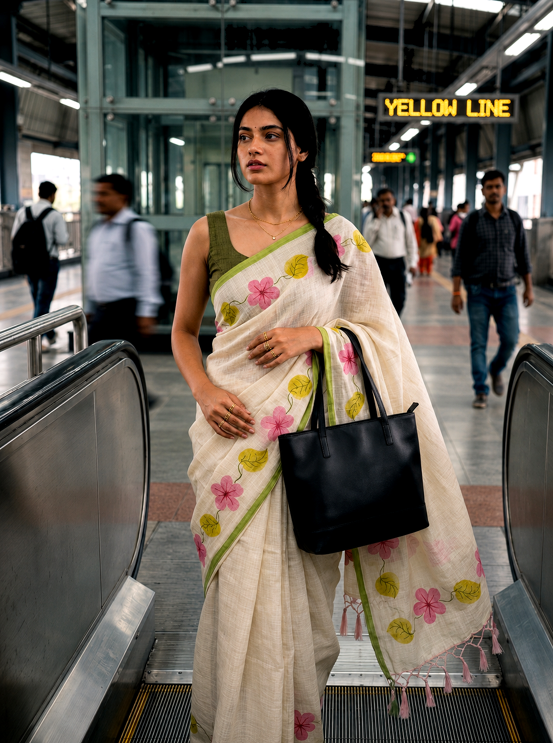Saytha Soft Pink Lotus Print Linen Saree with Green Border & Tassels