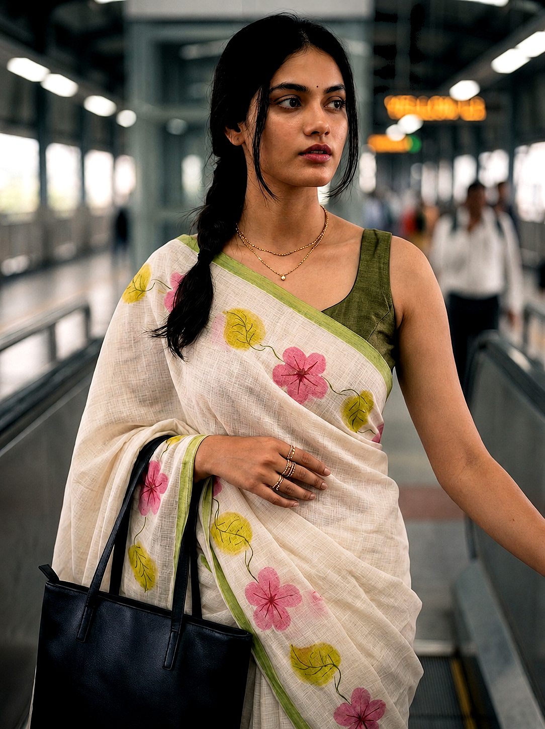 Saytha Soft Pink Lotus Print Linen Saree with Green Border & Tassels - Image 2