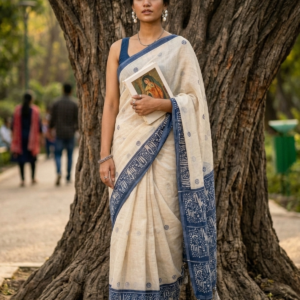 cream cotton saree with blue border