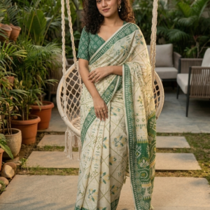 cream cotton saree with green border