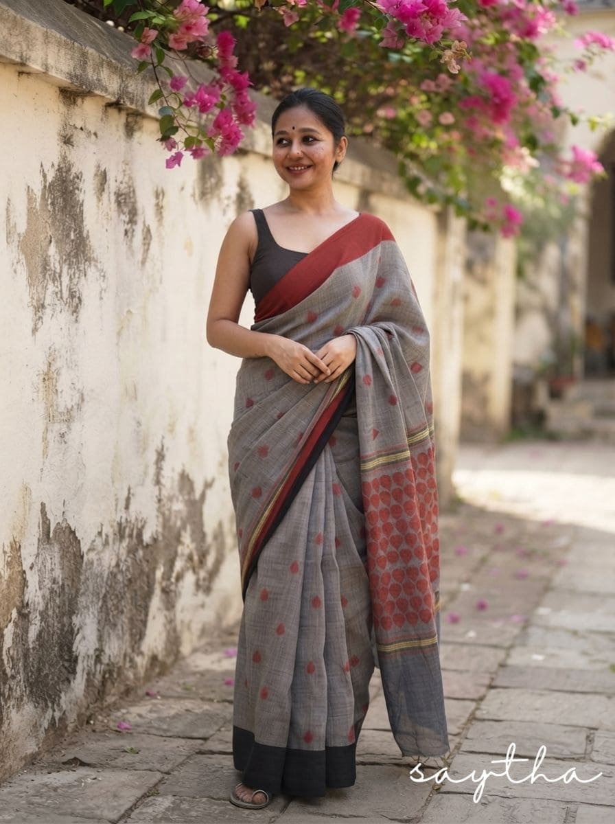 Woman wearing a grey cotton saree with rust motifs and black blouse
