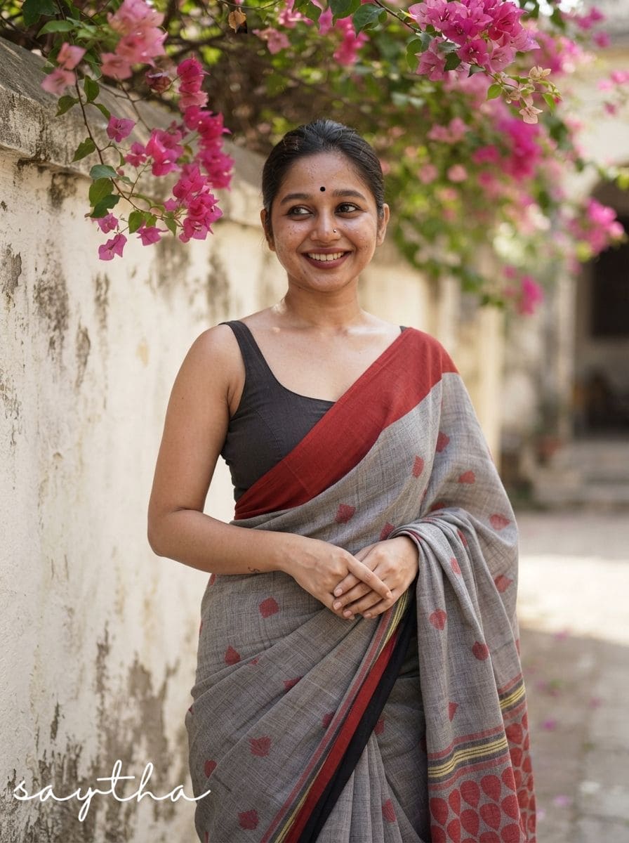Woman wearing a grey cotton saree with rust motifs and black blouse