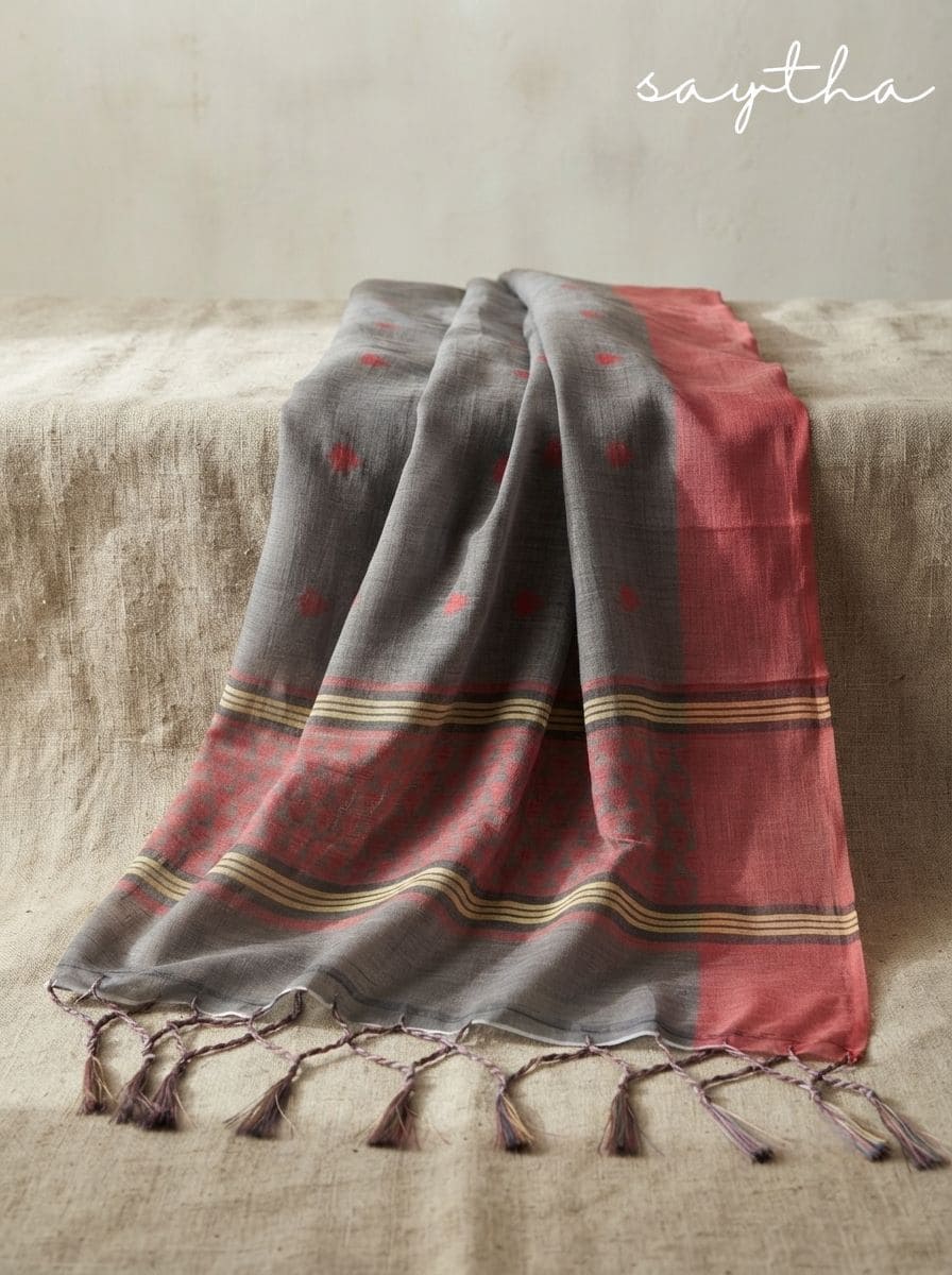 Woman wearing a grey cotton saree with rust motifs and black blouse