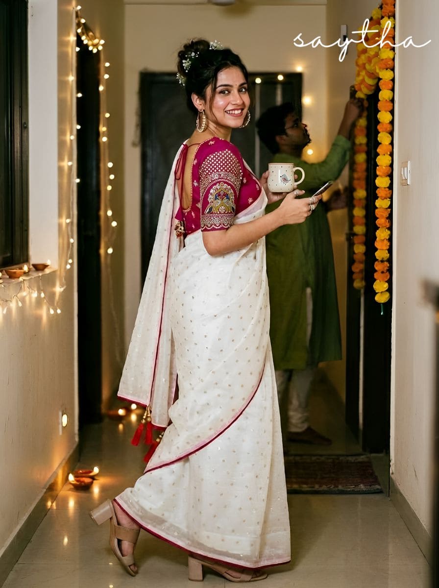 Woman wearing a white saree with border