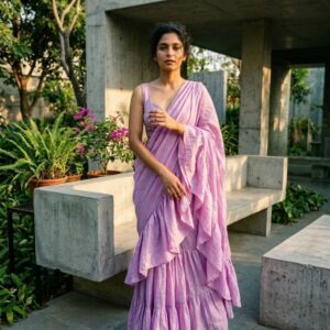 Woman wearing a lavender ruffle saree with tiered ruffle skirt and matching blouse