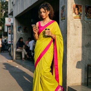 Woman wearing a lime green saree with pink border and matching pink blouse