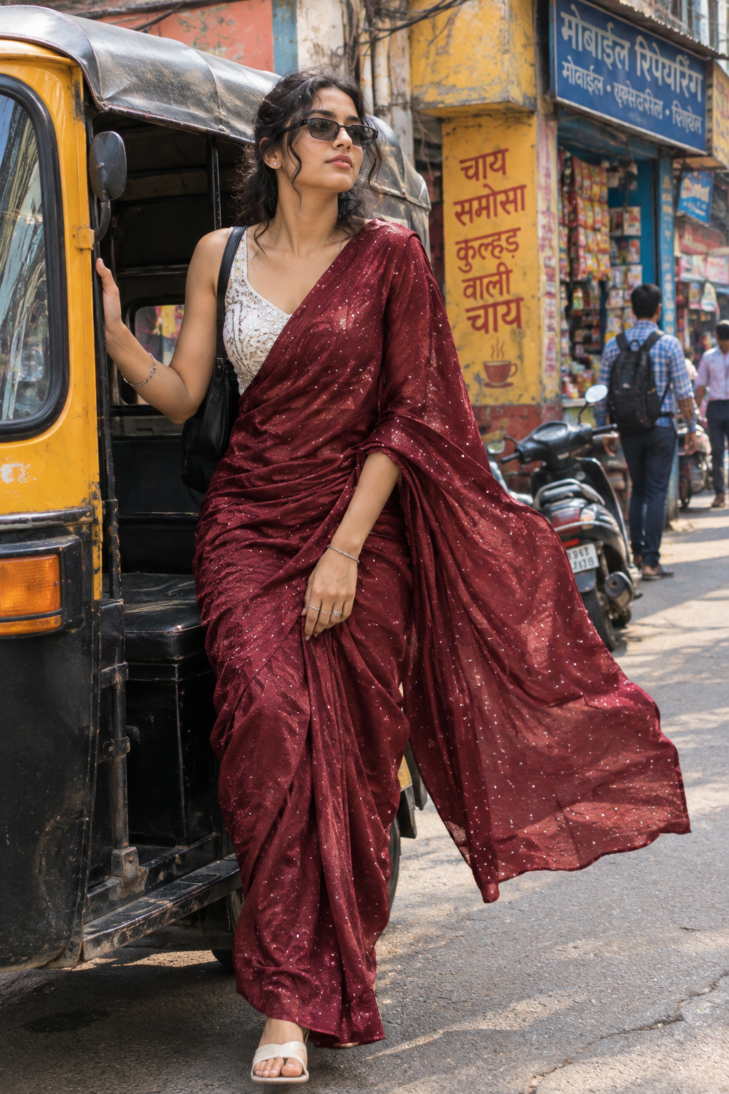 Wine party wear zircon saree with silver embellished work