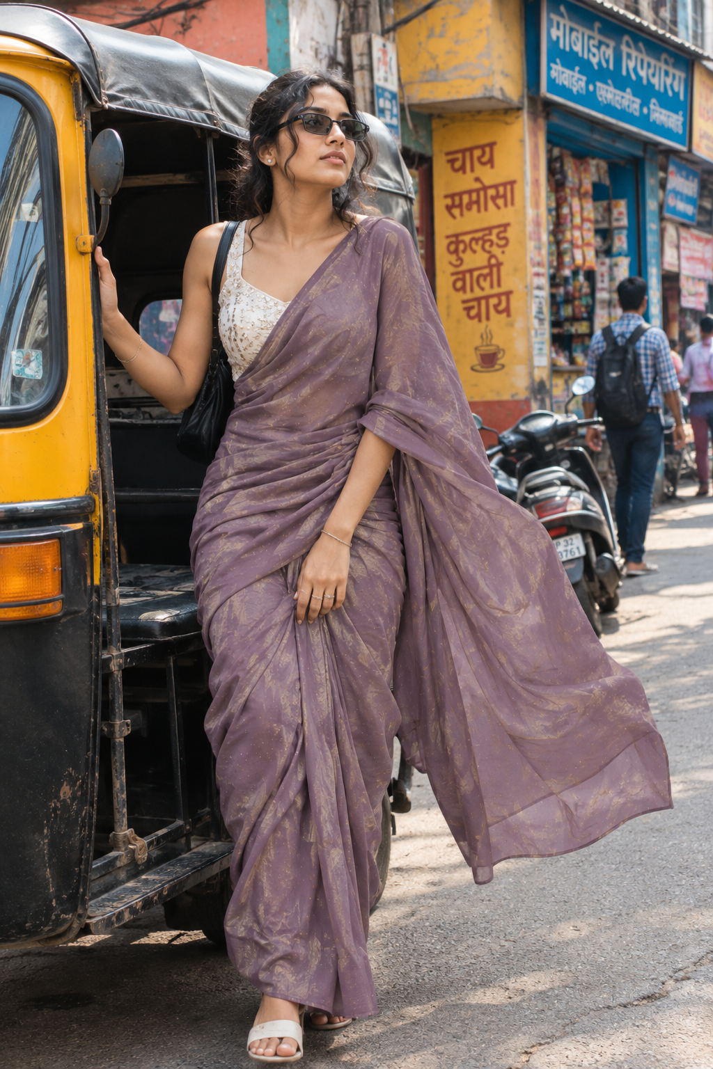 Rose Pink party wear zircon saree with silver embellished work