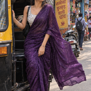 Purple party wear zircon saree with silver embellished work