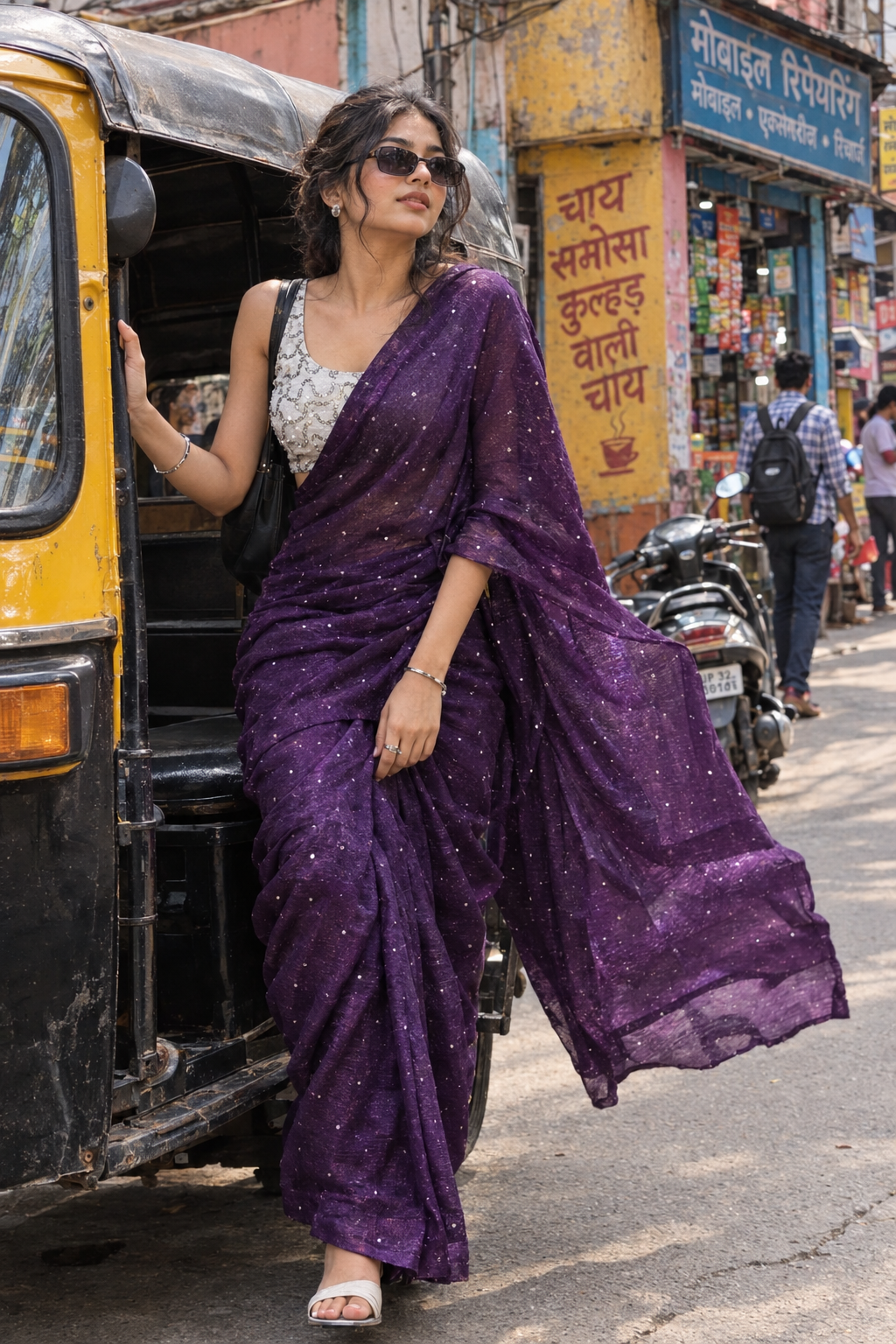 Purple party wear zircon saree with silver embellished work