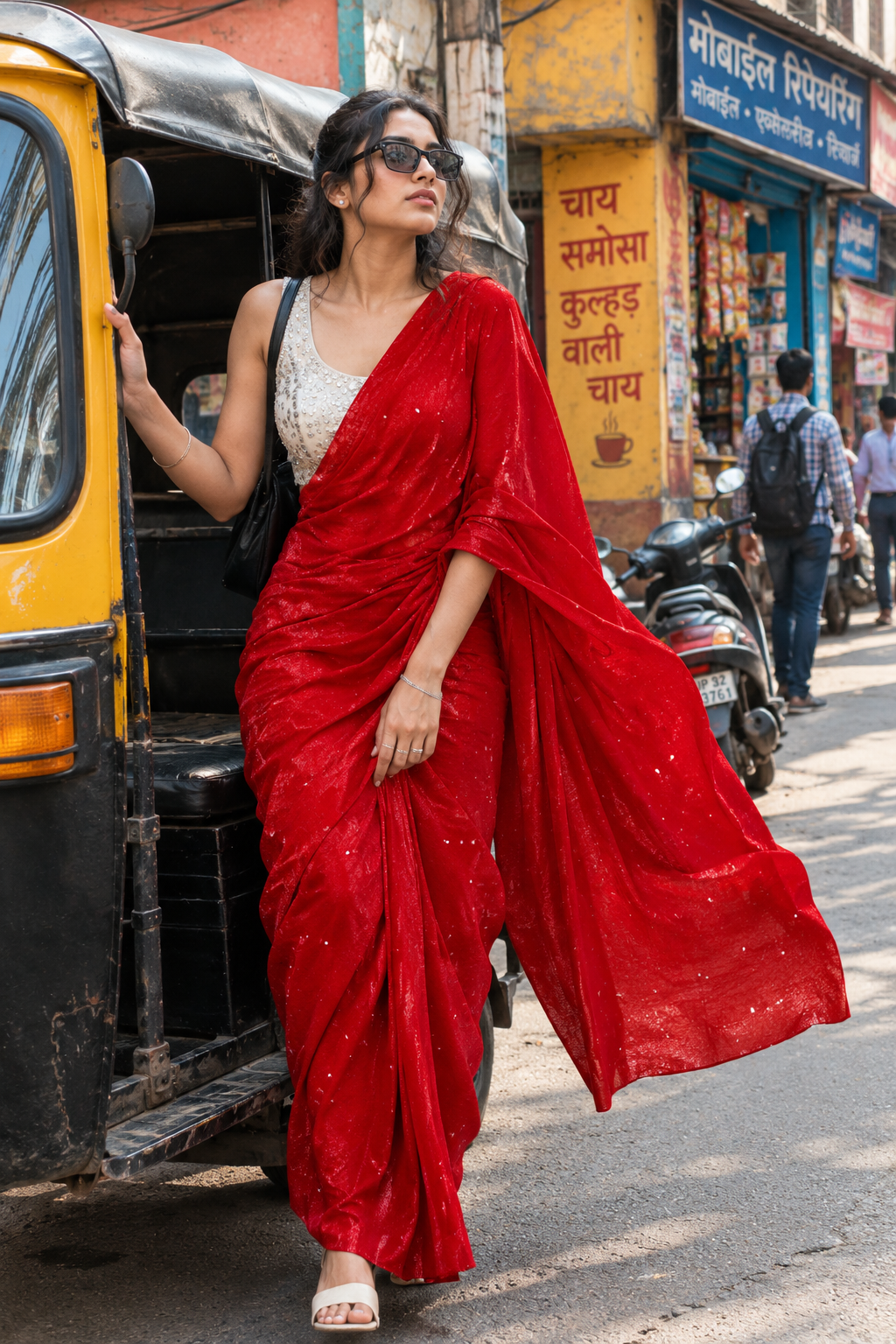 Red party wear zircon saree with silver embellished work
